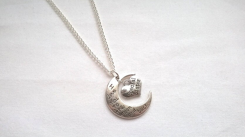 love you to the moon and back necklace, crescent moon jewellery, Luna children's necklace, night sky memorial jewelry