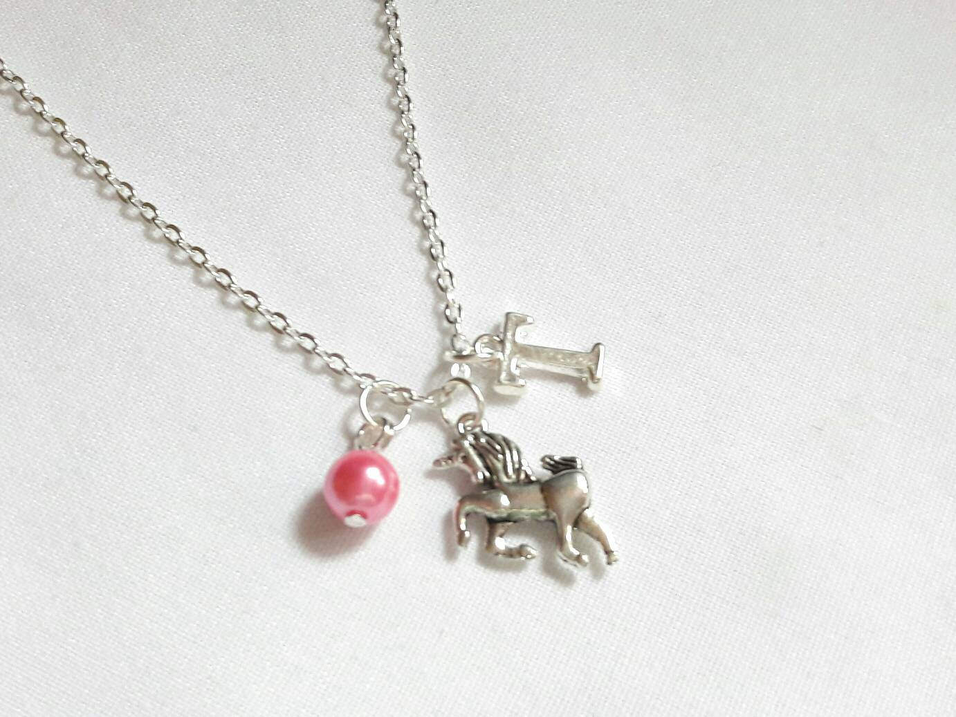 Personalised Unicorn necklace, mythical horse jewelry, initial jewellery, alphabet letter necklace, birthstone fairytale necklace