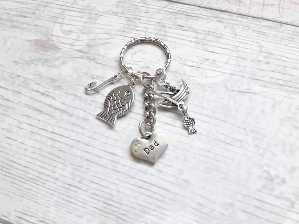 Fishing keyring, fisherman keychain, fish hook bagcharm, fathers day present, dad keyring, anglers keyring, finishing jewellery. daddy gift