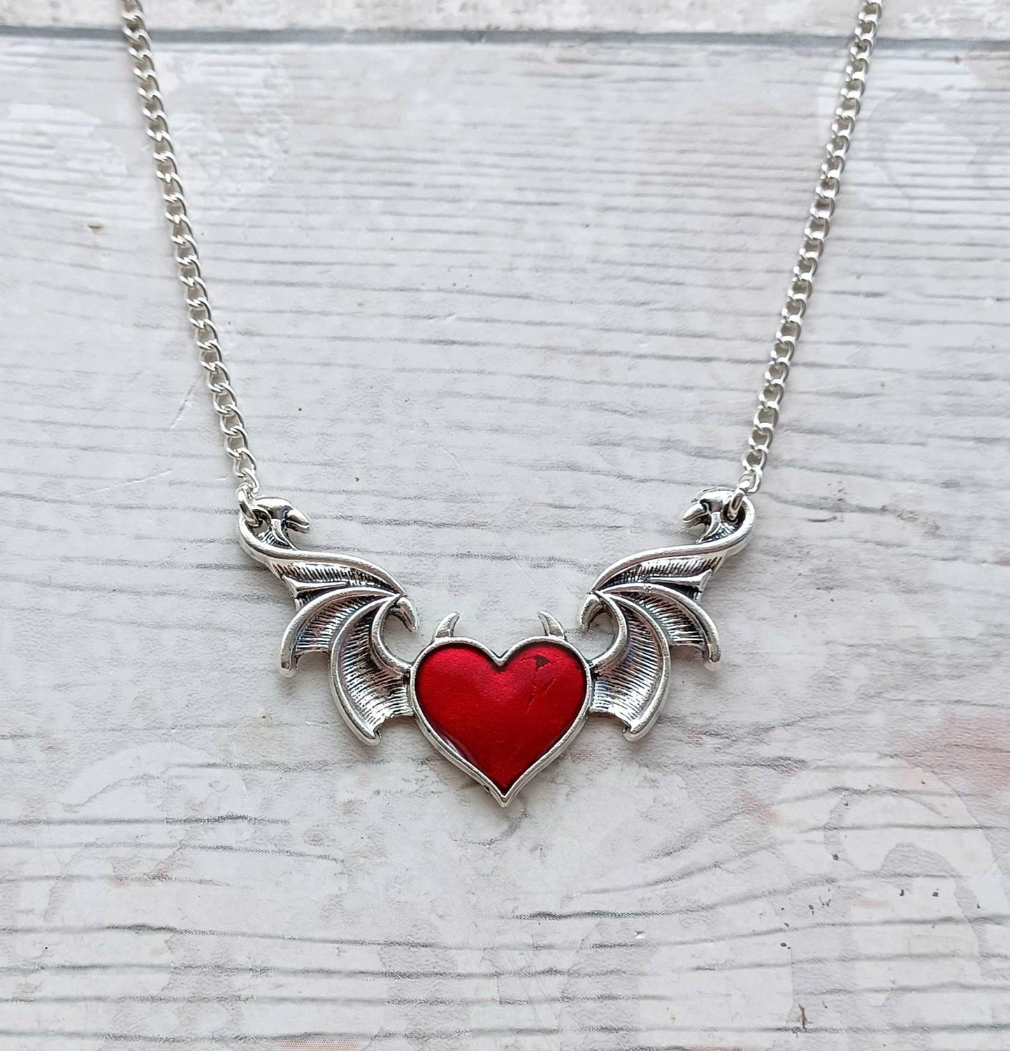 Winged heart necklace, devil heart with horns necklace, halloween jewellery, gothic jewellery, steampunk present, gifts for her
