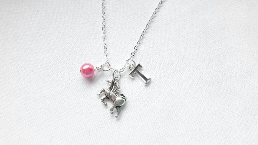Personalised Unicorn necklace, mythical horse jewelry, initial jewellery, alphabet letter necklace, birthstone fairytale necklace