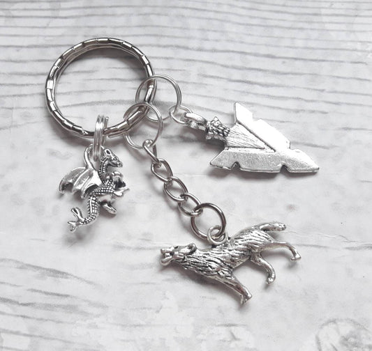 dragon and wolf keyring, arrowhead keychain, arrow keyring, wolf bagcharm, medieval keychain, viking bag charm, gifts for her, gifts for him