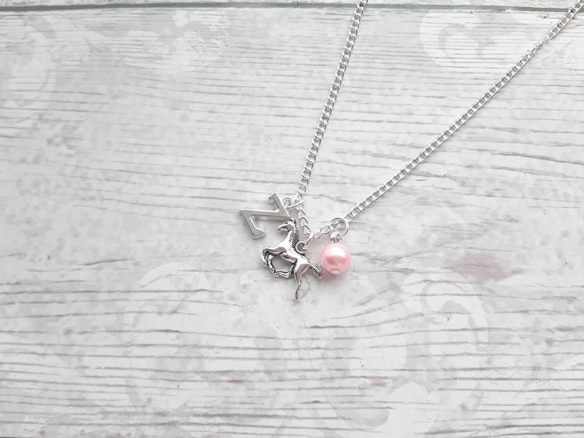 galloping horse necklace, personalised equestrian jewelry, initial jewellery, alphabet letter necklace, birthstone necklace