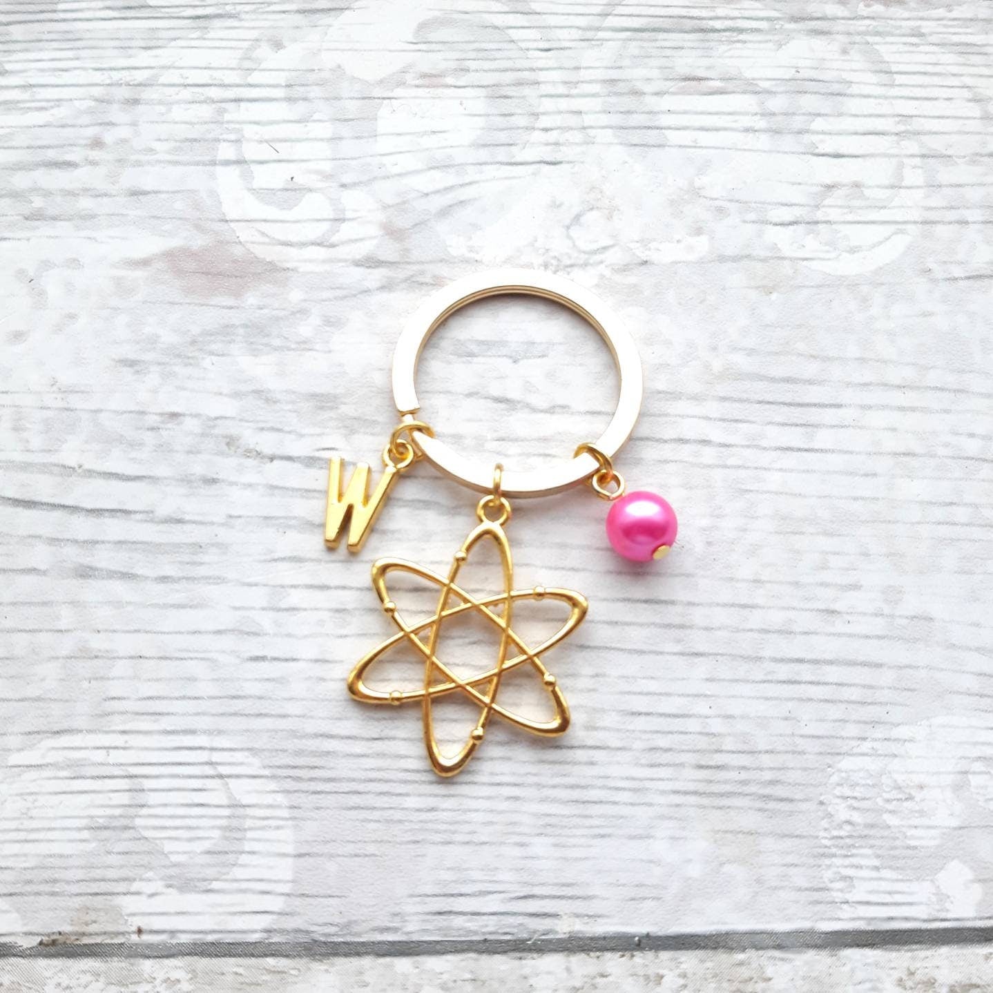 Atom keyring, science molecule keychain, every atom of me, initial keyring, personalised gift, chemistry present geek keyring