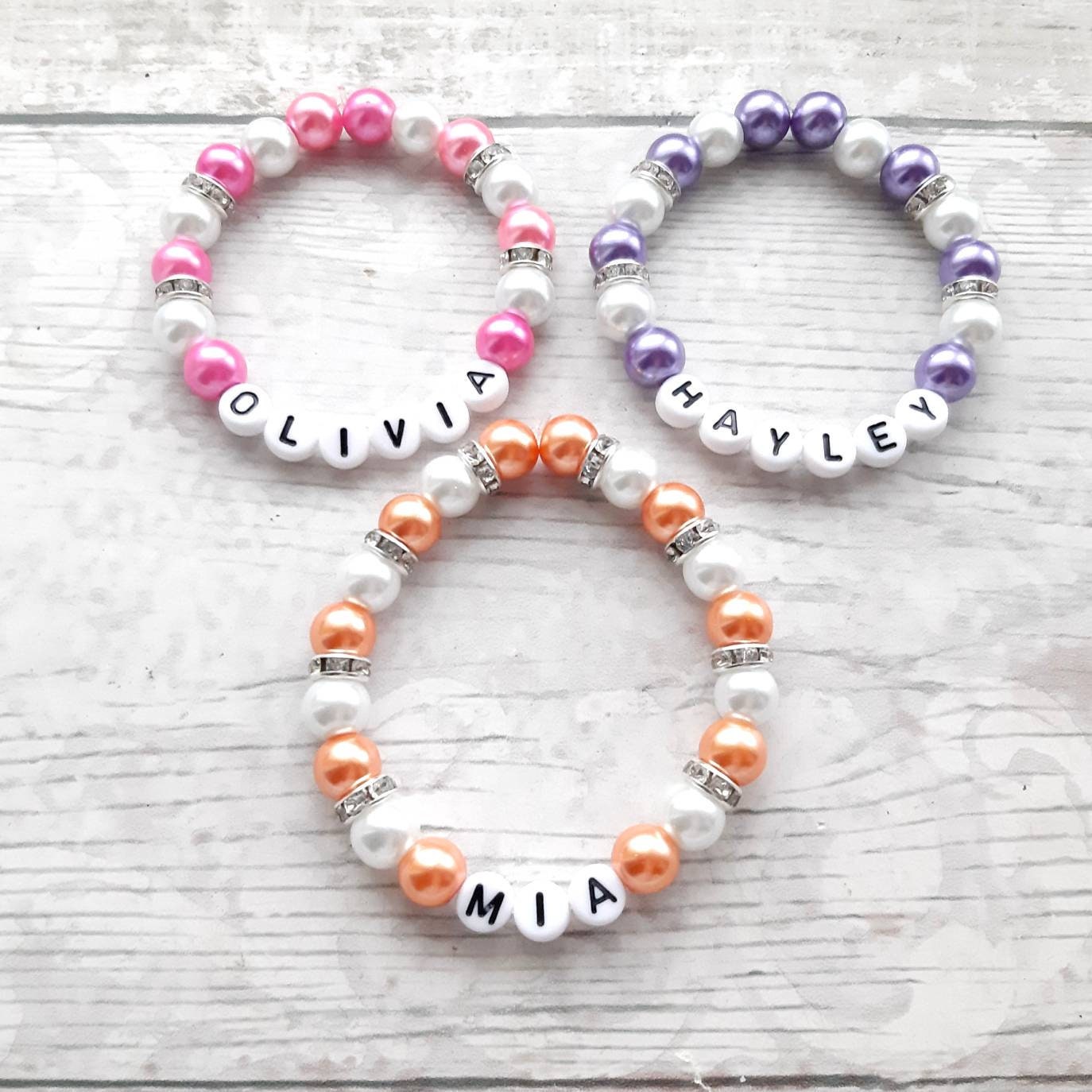 name bracelet, personalised kids jewellery, wedding jewelry, thankyou present, flowergirl bracelet, gifts for girls