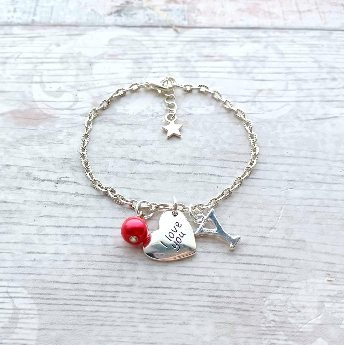 I love you heart bracelet, romantic valentines day present, bride jewellery, gift for wife, initial bracelet, anniversary gift