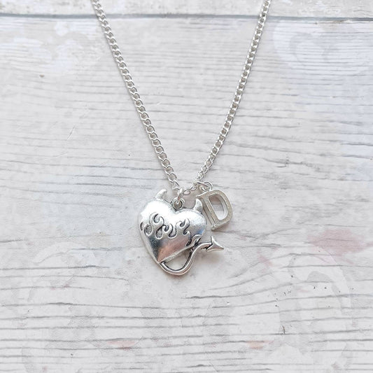 Devil heart necklace, heart with horns and tail necklace, halloween jewellery, gothic jewellery, steampunk present, gifts for her