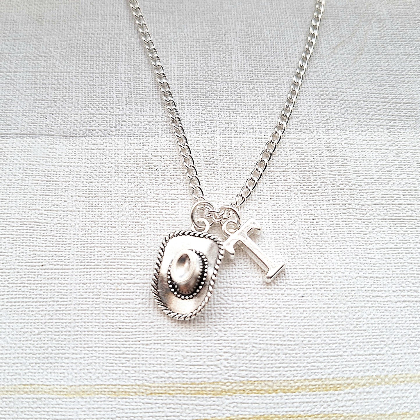 Cowboy hat necklace, country and western jewellery, wild west line dancing present, personalised initial gift
