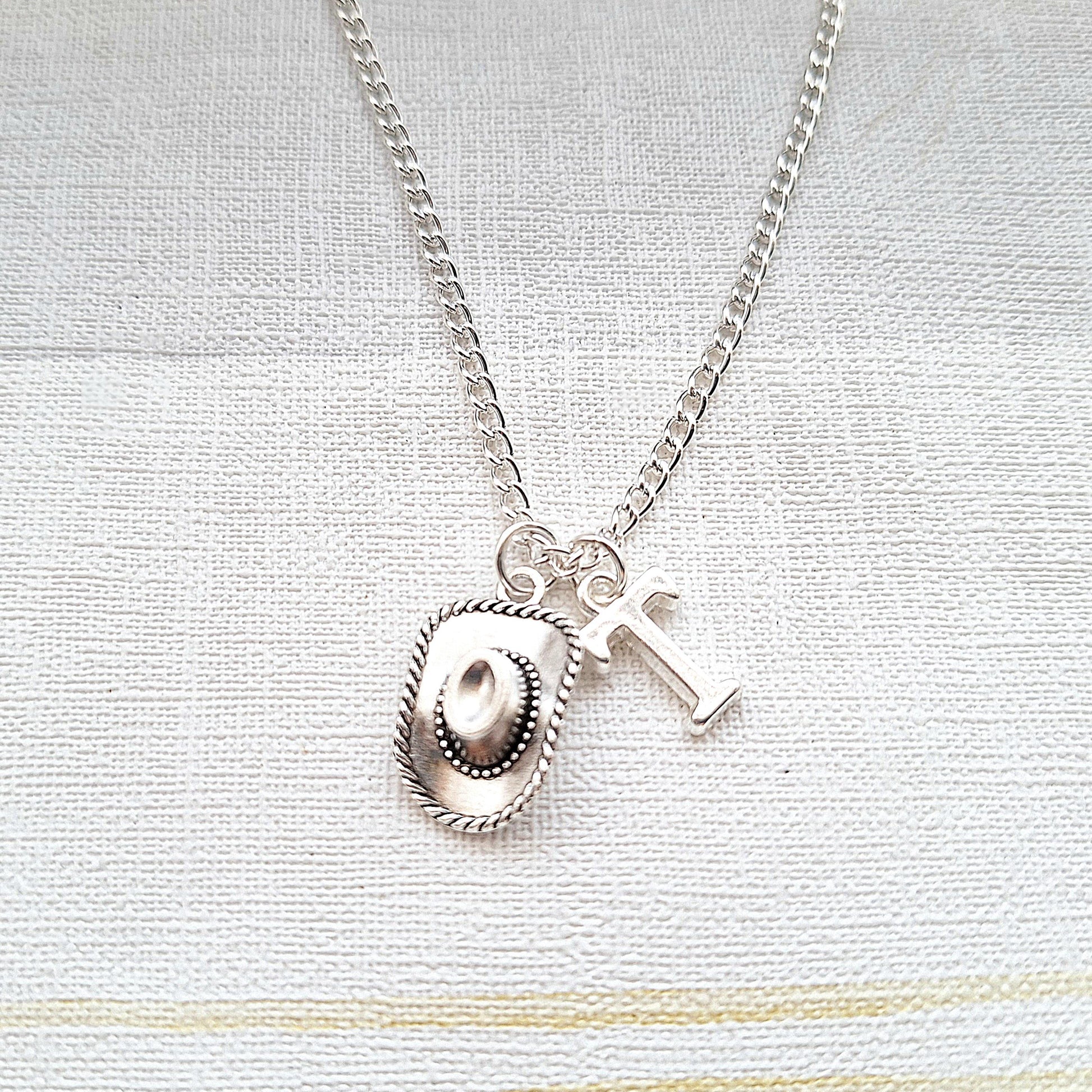 Cowboy hat necklace, country and western jewellery, wild west line dancing present, personalised initial gift