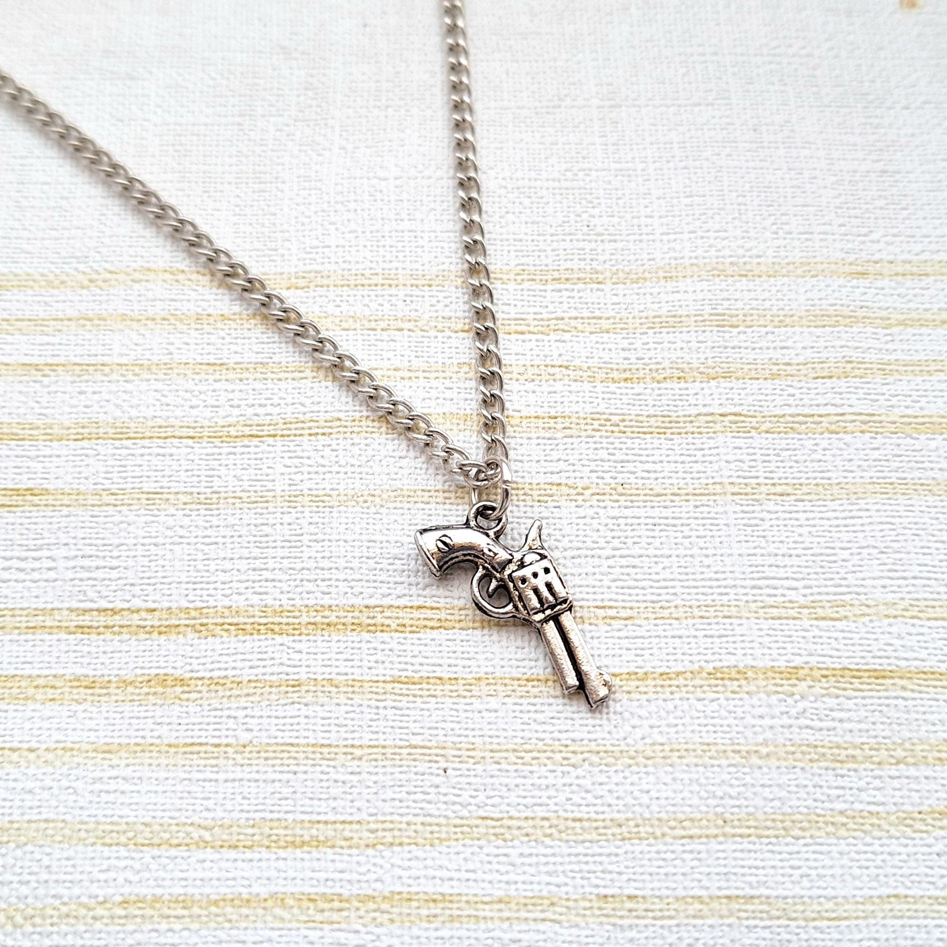 Cowboy revolver necklace, pistol necklace, country and western jewellery, wild west line dancing present, personalised initial gift