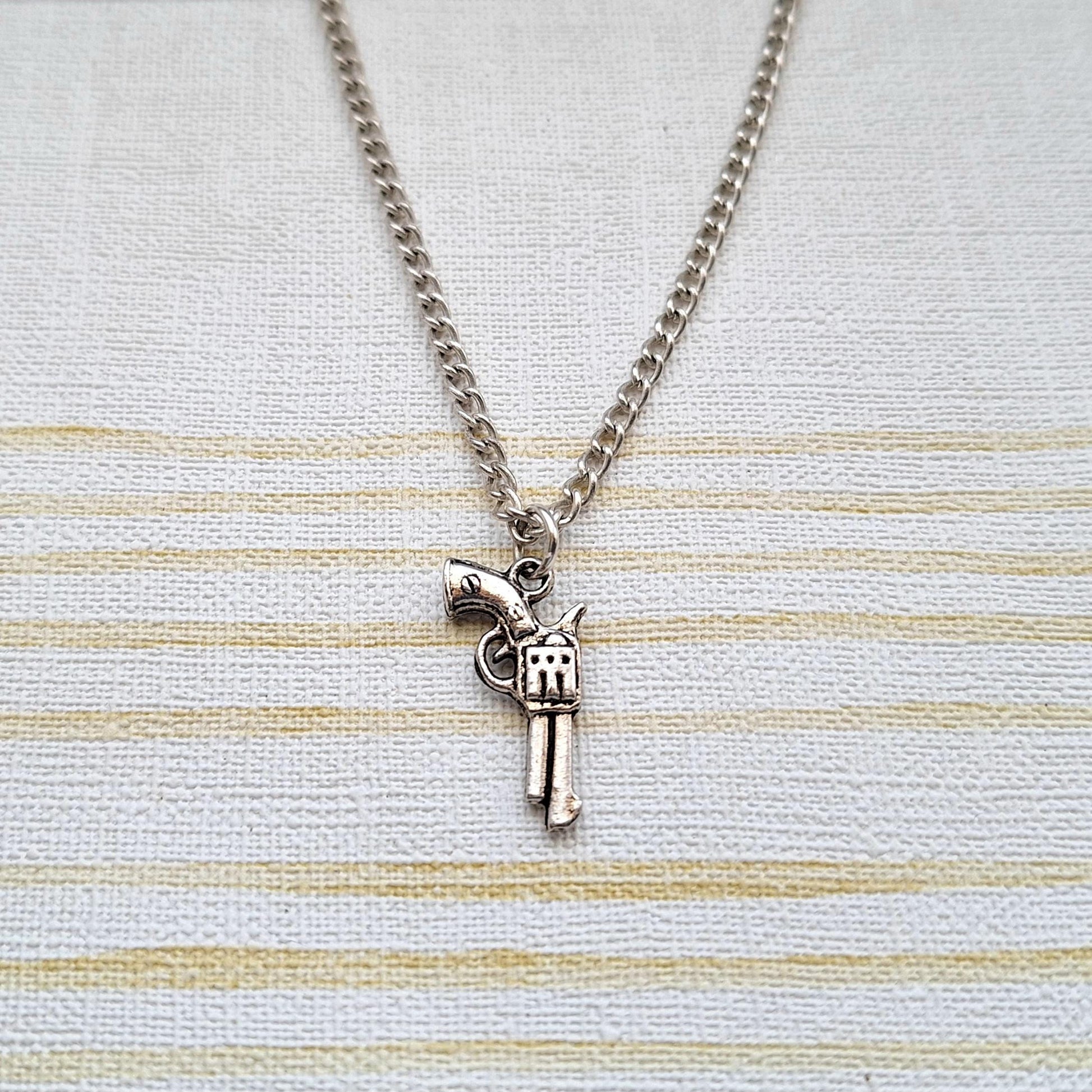 Cowboy revolver necklace, pistol necklace, country and western jewellery, wild west line dancing present, personalised initial gift