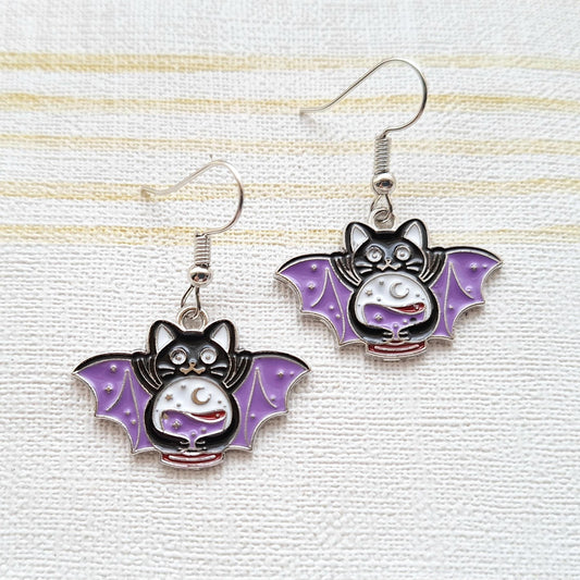 Vampire cat earrings, halloween jewellery, vampire bat jewelry, supernatural earrings, gifts for goth, spooky black kitty earrings