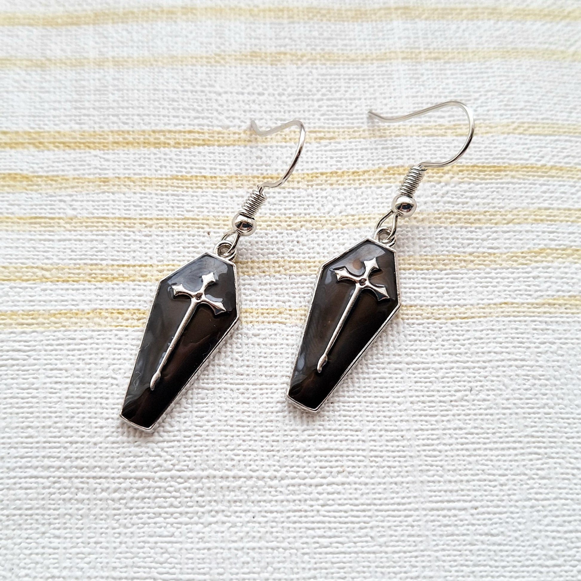 Coffin earrings, halloween jewellery, cross charm, gift for goth, dracula earrings, spooky season, present for friend