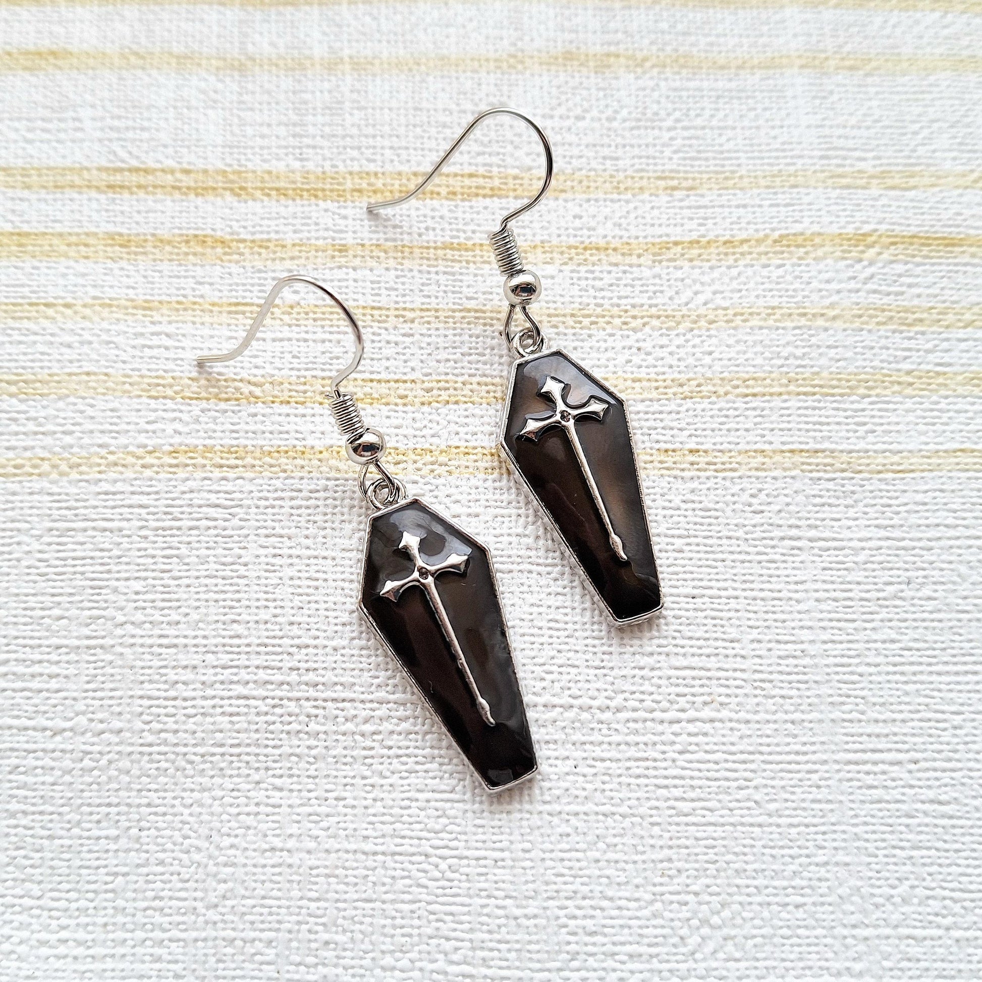 Coffin earrings, halloween jewellery, cross charm, gift for goth, dracula earrings, spooky season, present for friend