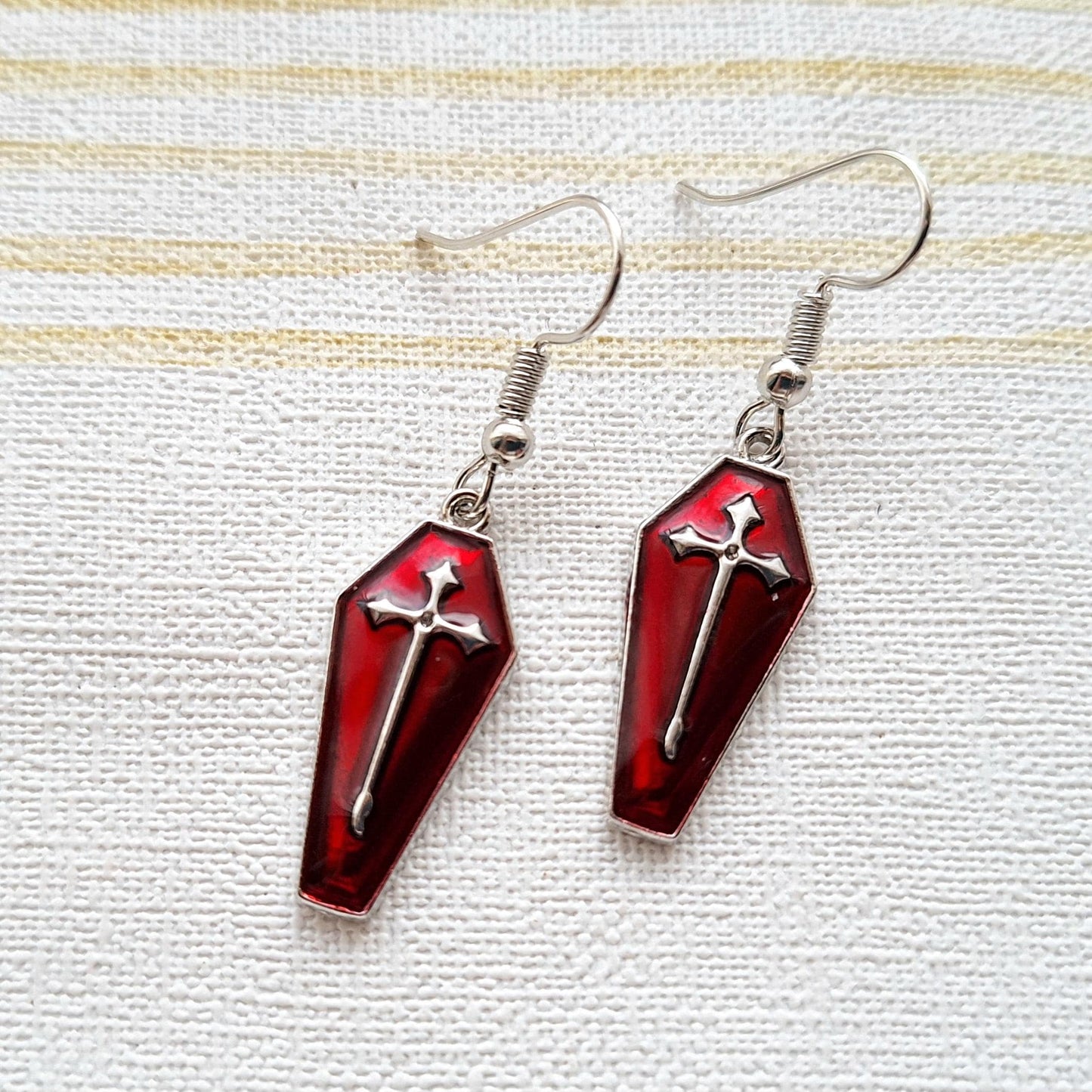 Coffin earrings, halloween jewellery, cross charm, gift for goth, dracula earrings, spooky season, present for friend