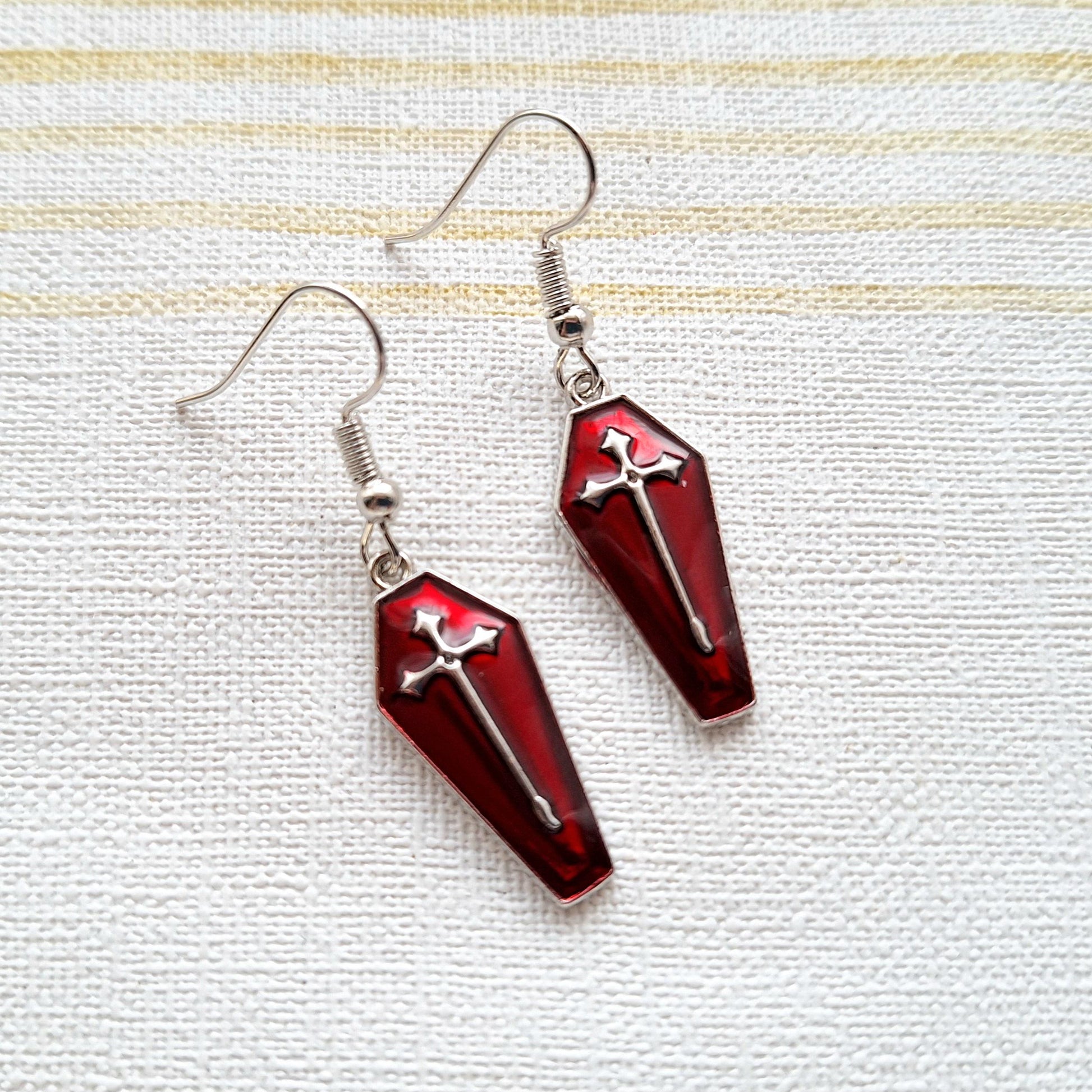 Coffin earrings, halloween jewellery, cross charm, gift for goth, dracula earrings, spooky season, present for friend