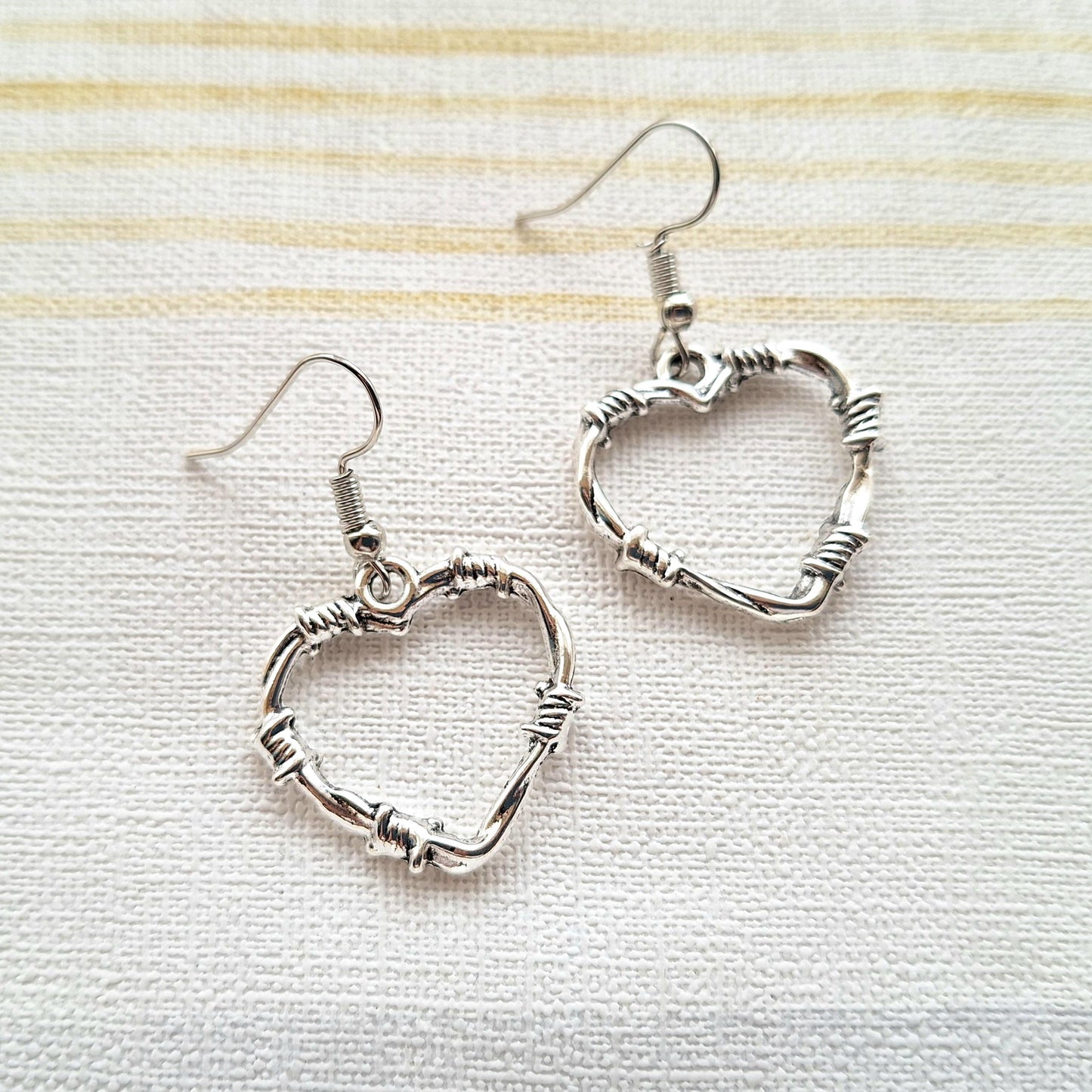 Barbed wire heart earrings, halloween jewellery, love heart jewelry, horror earrings, gothic gift, anniversary present, heart broken