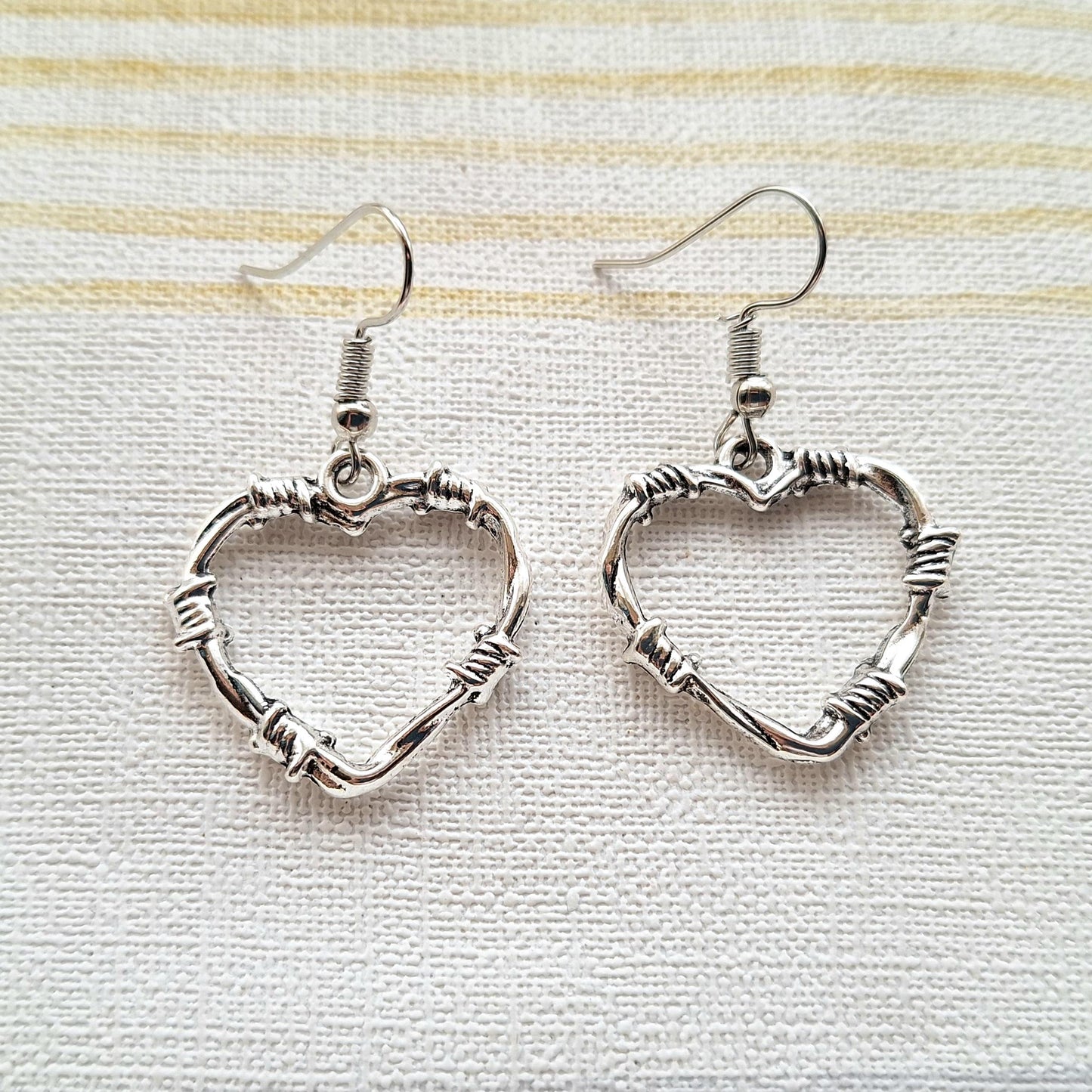 Barbed wire heart earrings, halloween jewellery, love heart jewelry, horror earrings, gothic gift, anniversary present, heart broken