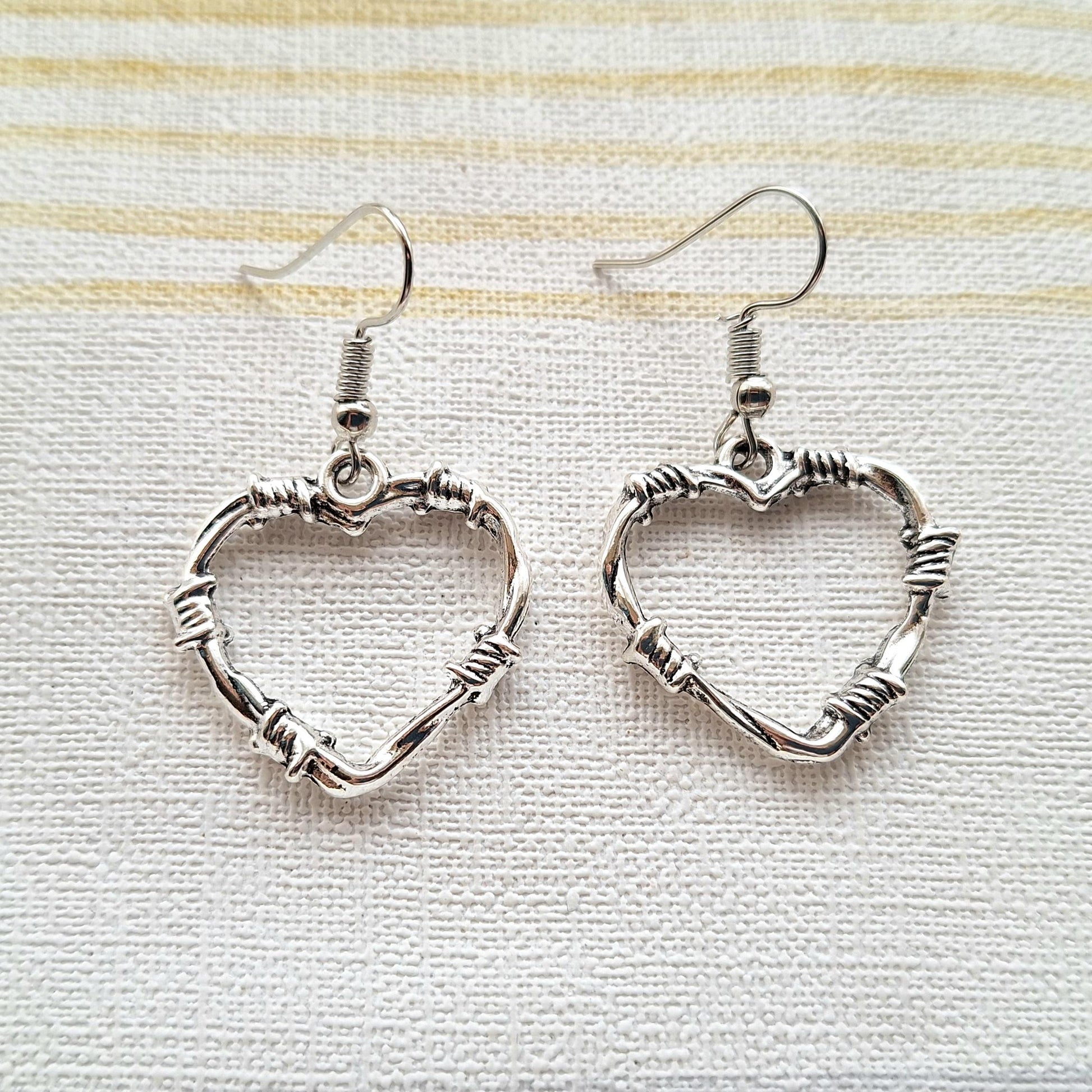 Barbed wire heart earrings, halloween jewellery, love heart jewelry, horror earrings, gothic gift, anniversary present, heart broken