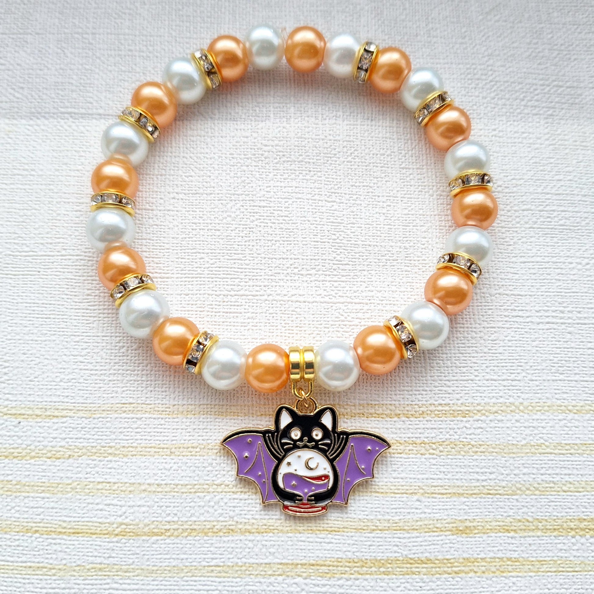 Vampire cat bracelet, Halloween jewellery, vampire bat jewelry, fortune teller gift, spooky black kitty bracelet