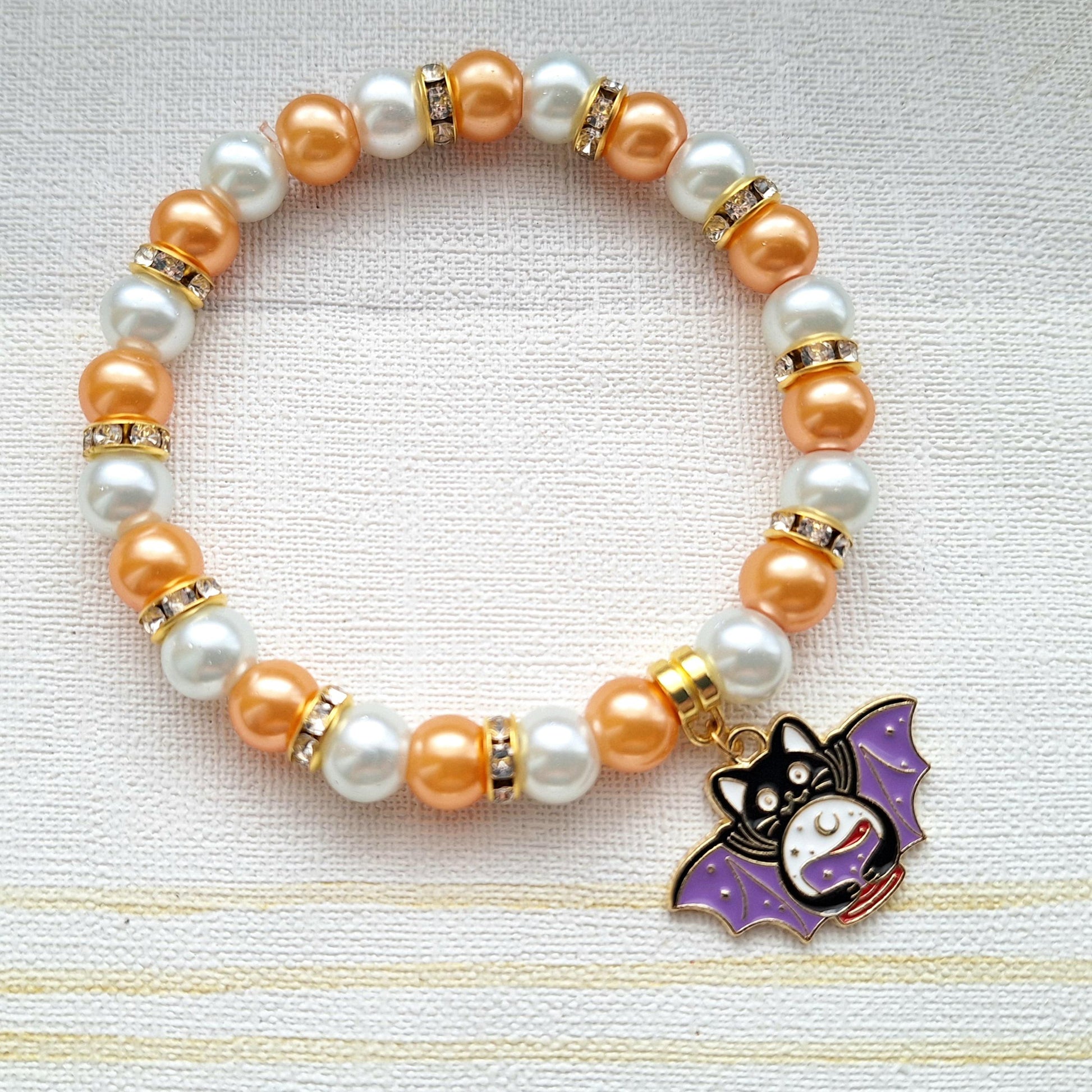 Vampire cat bracelet, Halloween jewellery, vampire bat jewelry, fortune teller gift, spooky black kitty bracelet