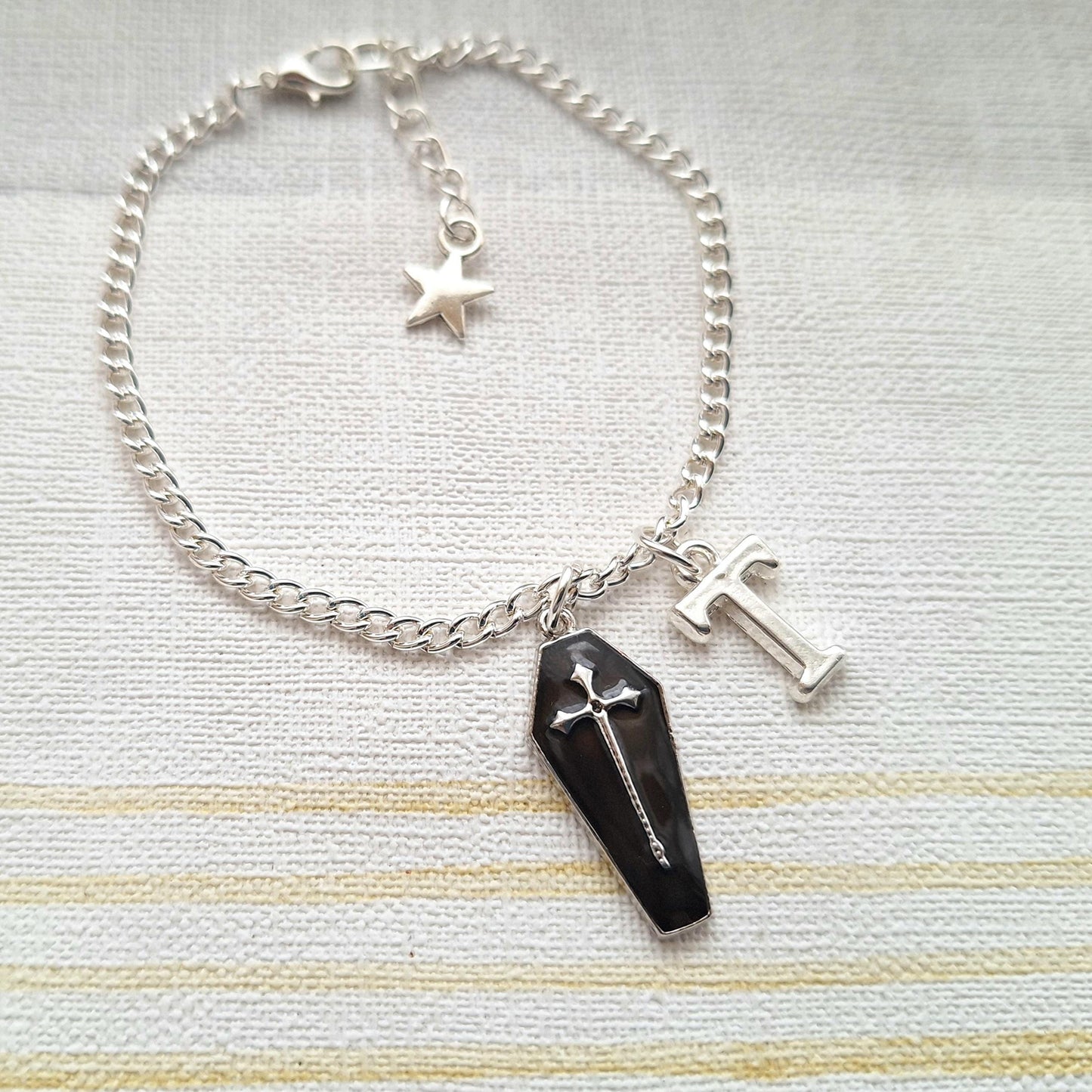 Coffin bracelet, Halloween jewellery, horror jewelry, vampire cross, dracula bracelet, personalised initial gift for goth, spooky season
