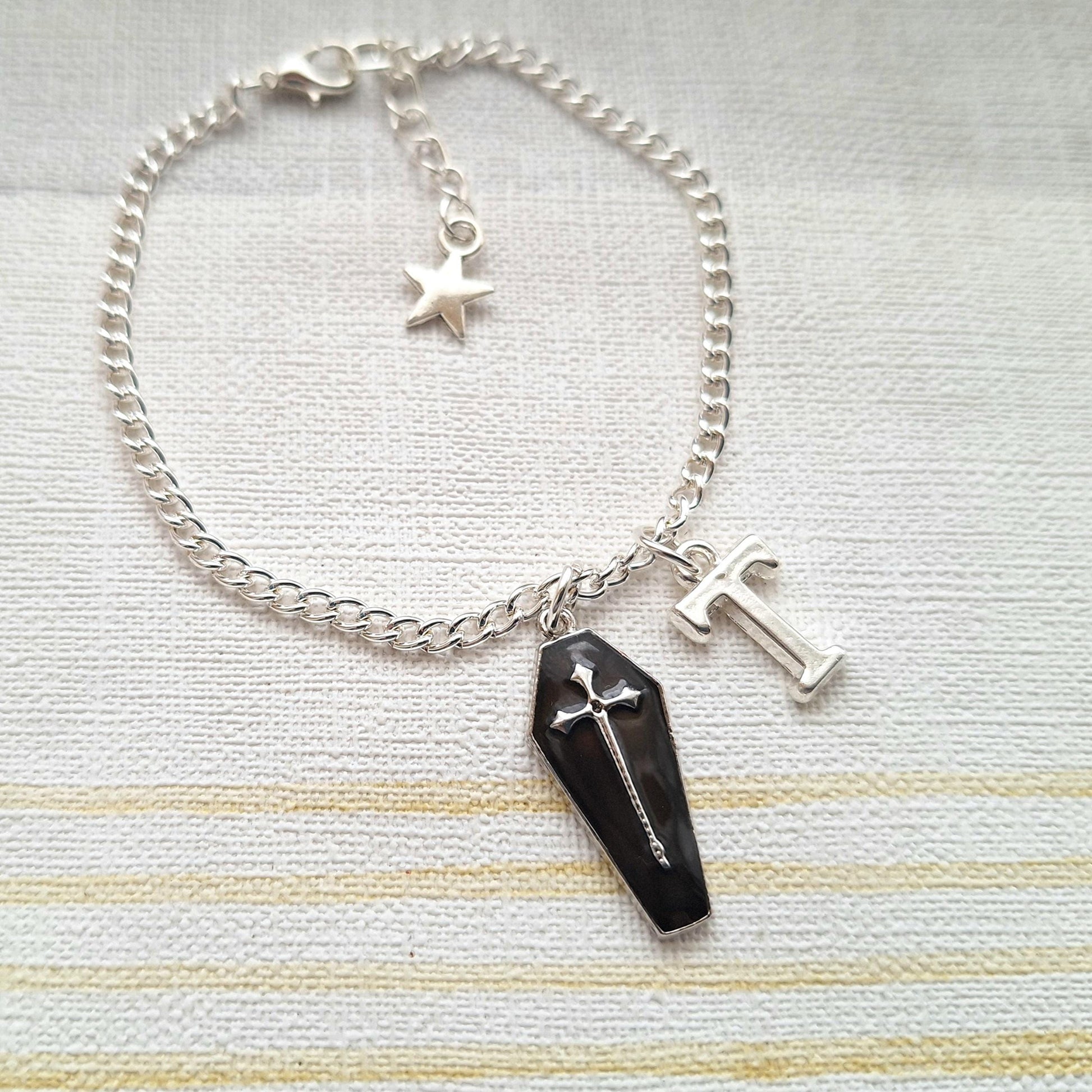 Coffin bracelet, Halloween jewellery, horror jewelry, vampire cross, dracula bracelet, personalised initial gift for goth, spooky season