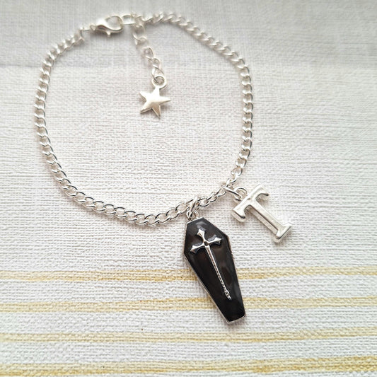 Coffin bracelet, Halloween jewellery, horror jewelry, vampire cross, dracula bracelet, personalised initial gift for goth, spooky season