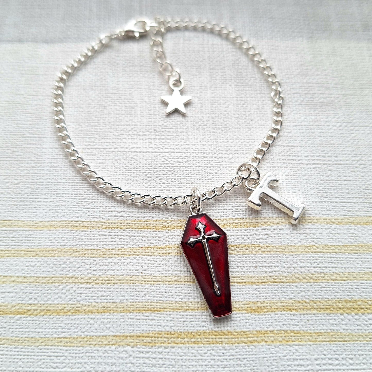 Coffin bracelet, Halloween jewellery, horror jewelry, vampire cross, dracula bracelet, personalised initial gift for goth, spooky season