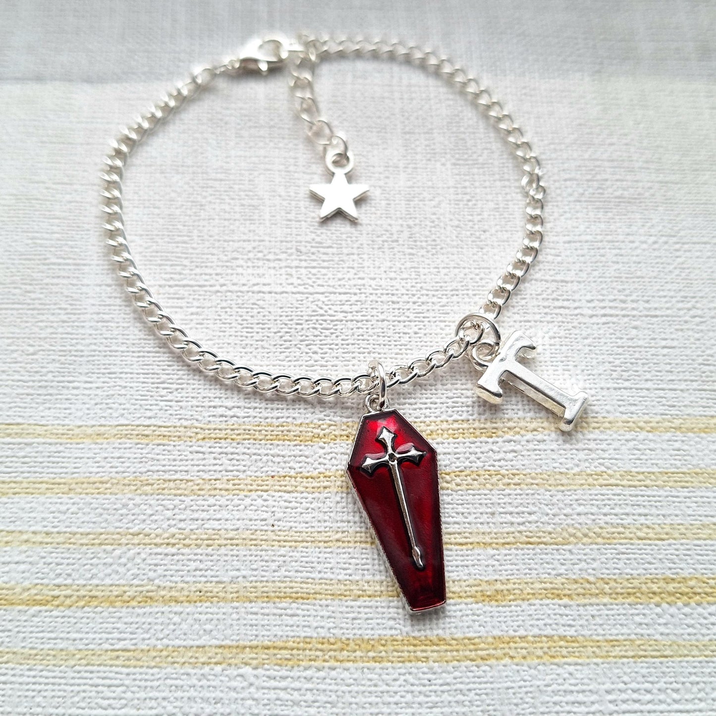 Coffin bracelet, Halloween jewellery, horror jewelry, vampire cross, dracula bracelet, personalised initial gift for goth, spooky season