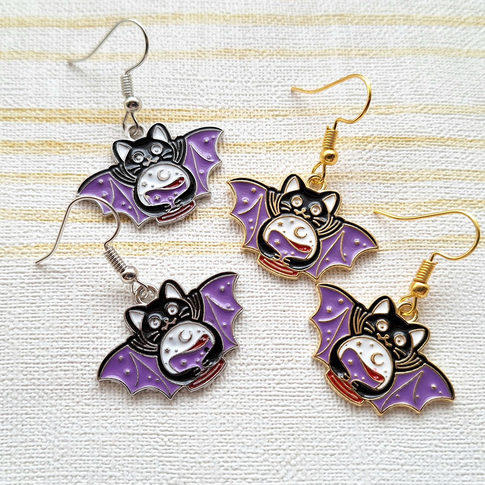 Vampire cat earrings, halloween jewellery, vampire bat jewelry, supernatural earrings, gifts for goth, spooky black kitty earrings