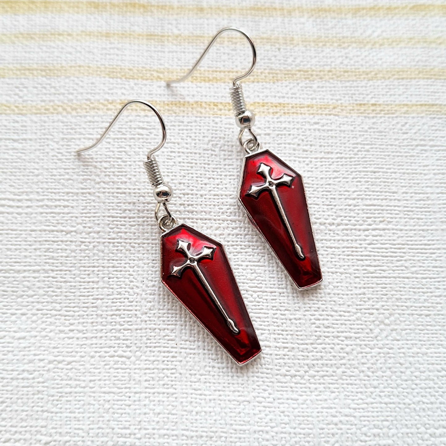 Coffin earrings, halloween jewellery, cross charm, gift for goth, dracula earrings, spooky season, present for friend