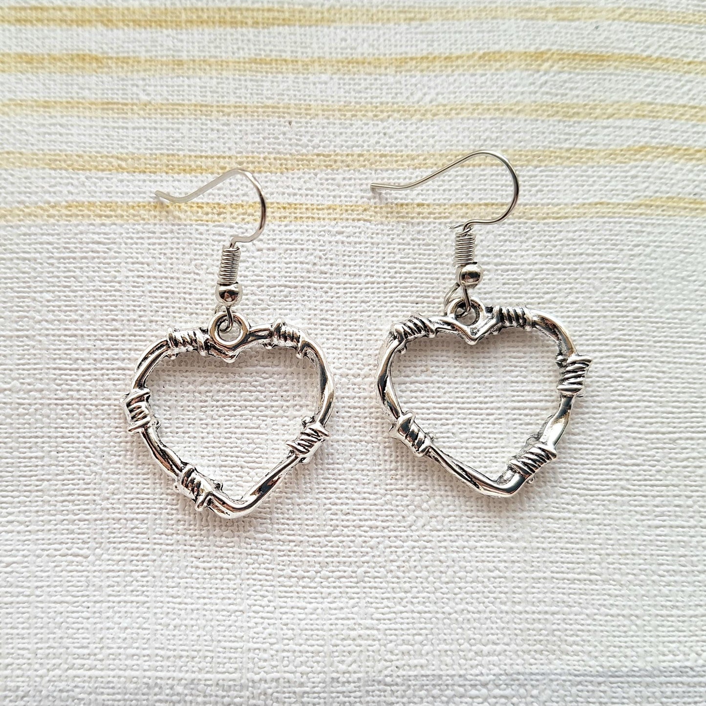 Barbed wire heart earrings, halloween jewellery, love heart jewelry, horror earrings, gothic gift, anniversary present, heart broken