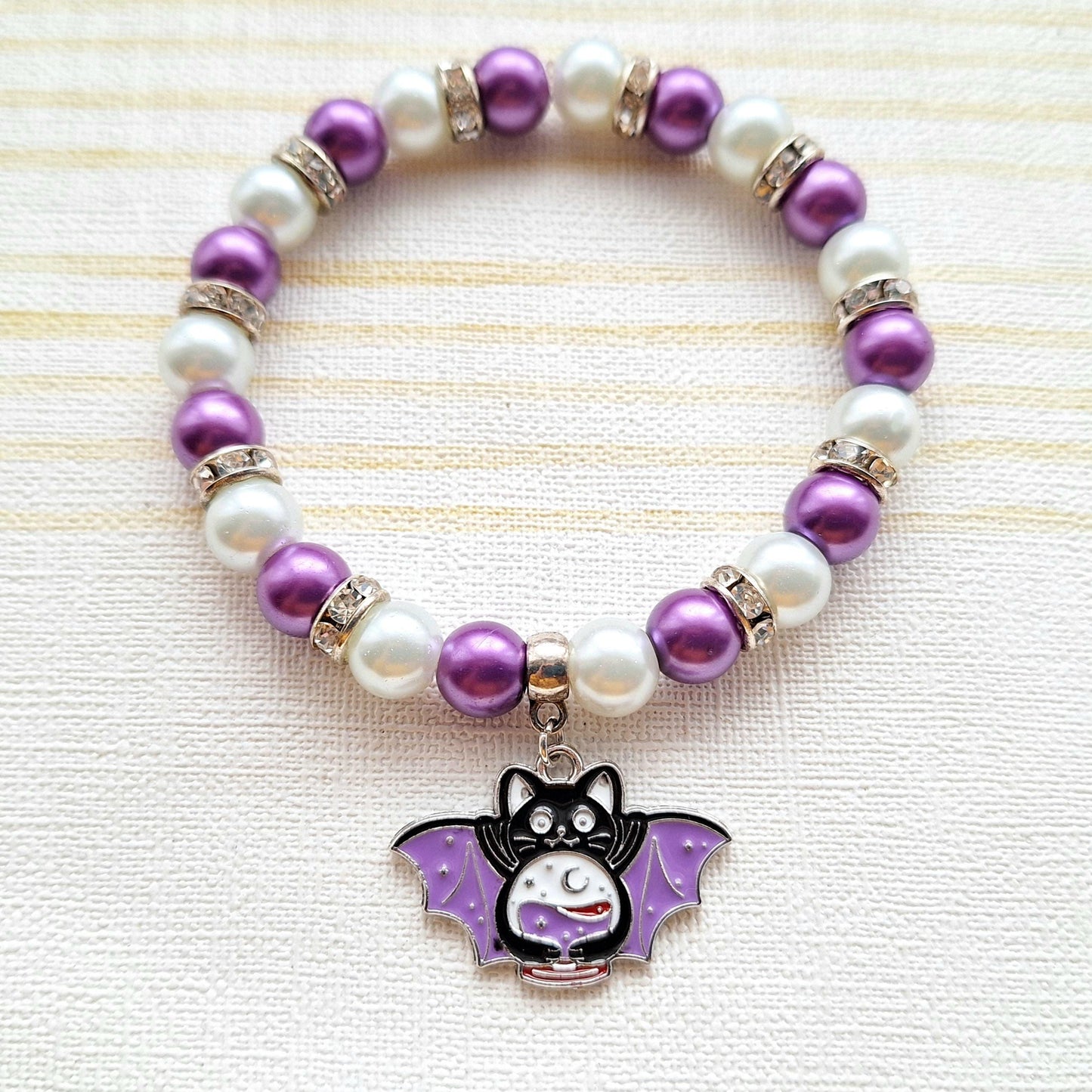 Vampire cat bracelet, Halloween jewellery, vampire bat jewelry, fortune teller gift, spooky black kitty bracelet