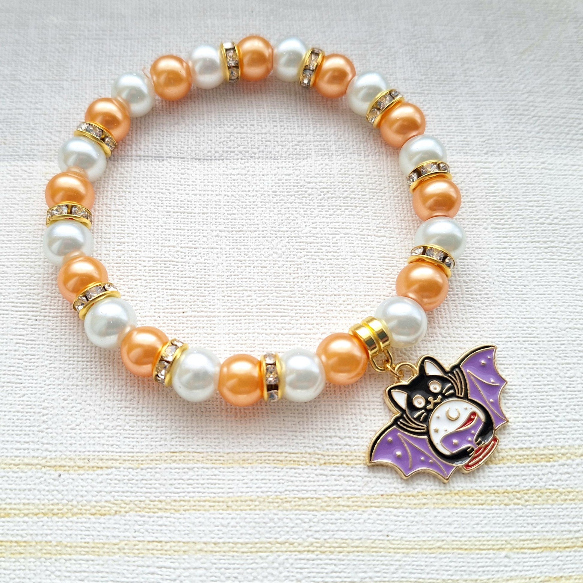 Vampire cat bracelet, Halloween jewellery, vampire bat jewelry, fortune teller gift, spooky black kitty bracelet