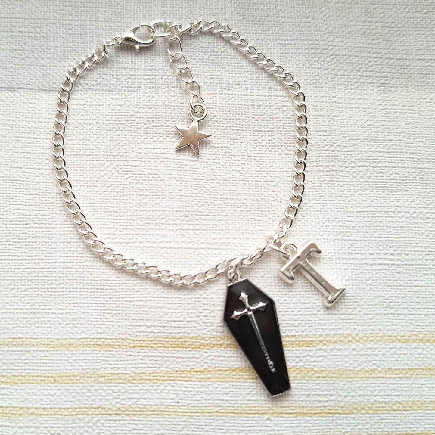 Coffin bracelet, Halloween jewellery, horror jewelry, vampire cross, dracula bracelet, personalised initial gift for goth, spooky season
