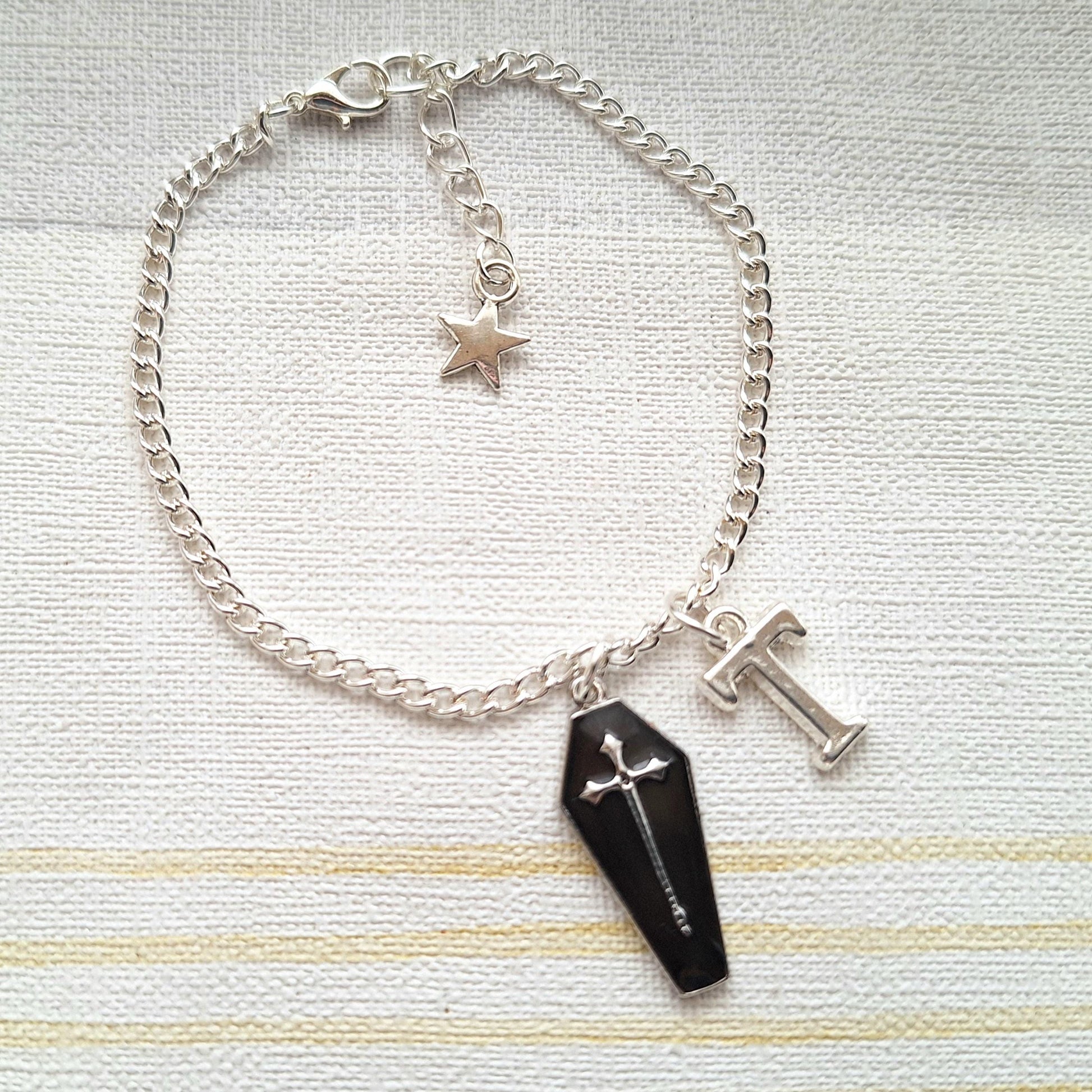 Coffin bracelet, Halloween jewellery, horror jewelry, vampire cross, dracula bracelet, personalised initial gift for goth, spooky season