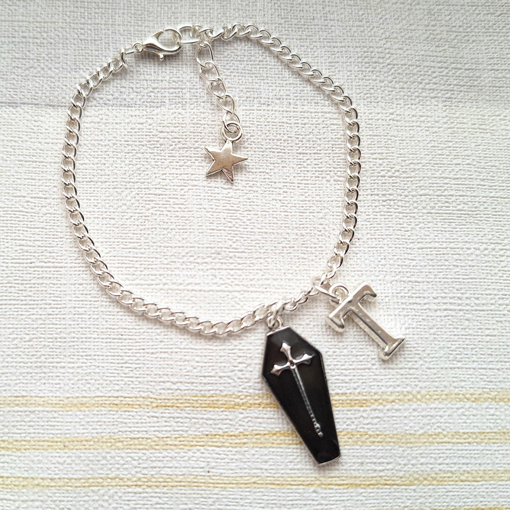 Coffin bracelet, Halloween jewellery, horror jewelry, vampire cross, dracula bracelet, personalised initial gift for goth, spooky season