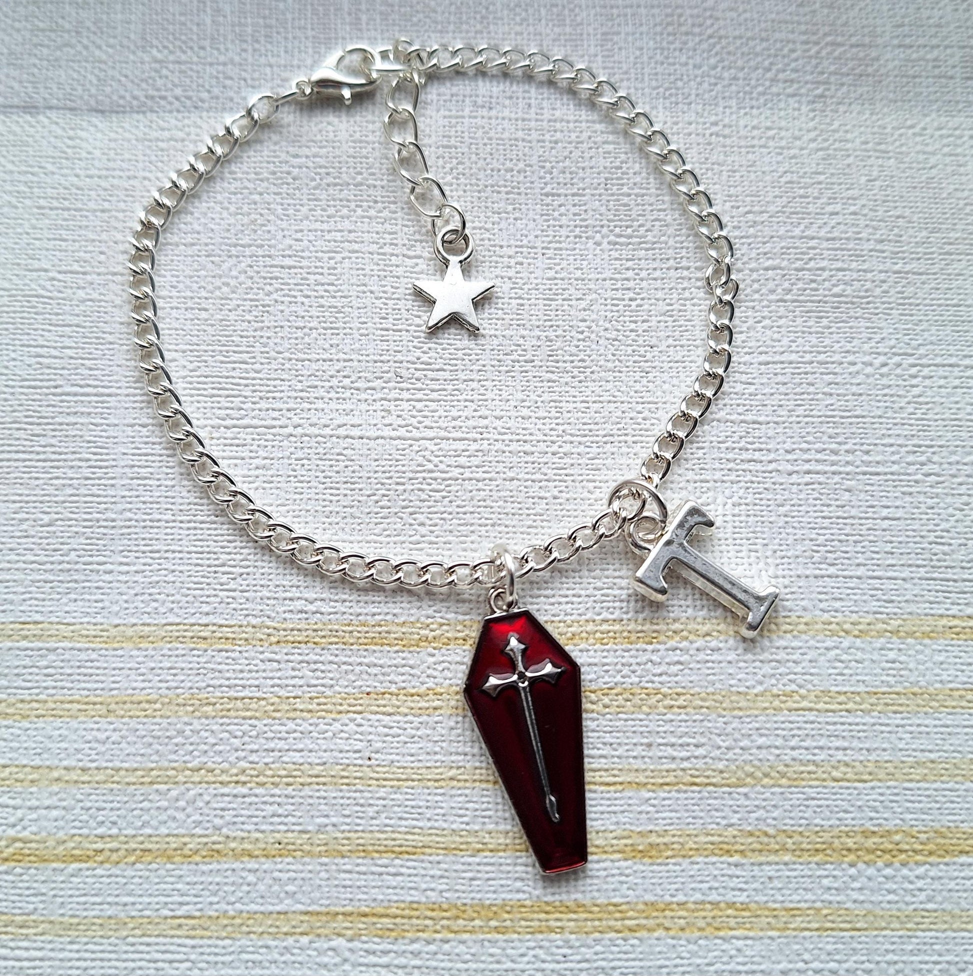 Coffin bracelet, Halloween jewellery, horror jewelry, vampire cross, dracula bracelet, personalised initial gift for goth, spooky season
