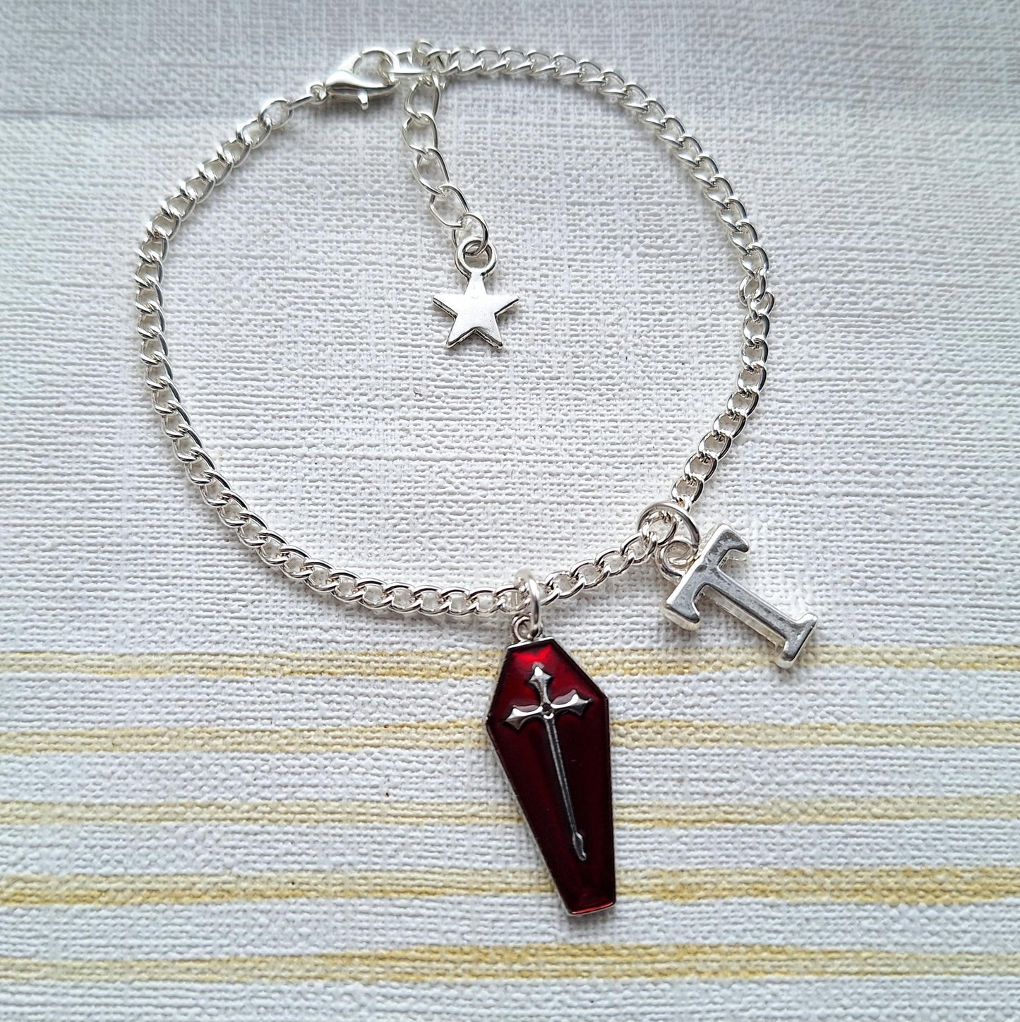 Coffin bracelet, Halloween jewellery, horror jewelry, vampire cross, dracula bracelet, personalised initial gift for goth, spooky season