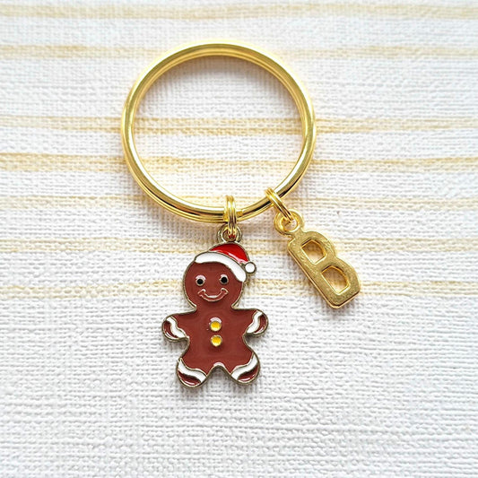 Gingerbread man keyring, biscuit lover gift, personalised initial keychain, winter bagcharm, Christmas gift ideas, stocking fillers