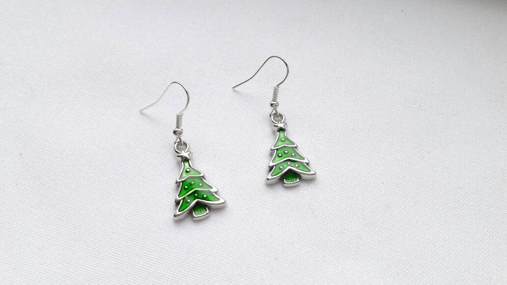 Christmas tree earrings, xmas tree jewellery, fun festive jewellery, stocking filler, holiday jewellery for kids