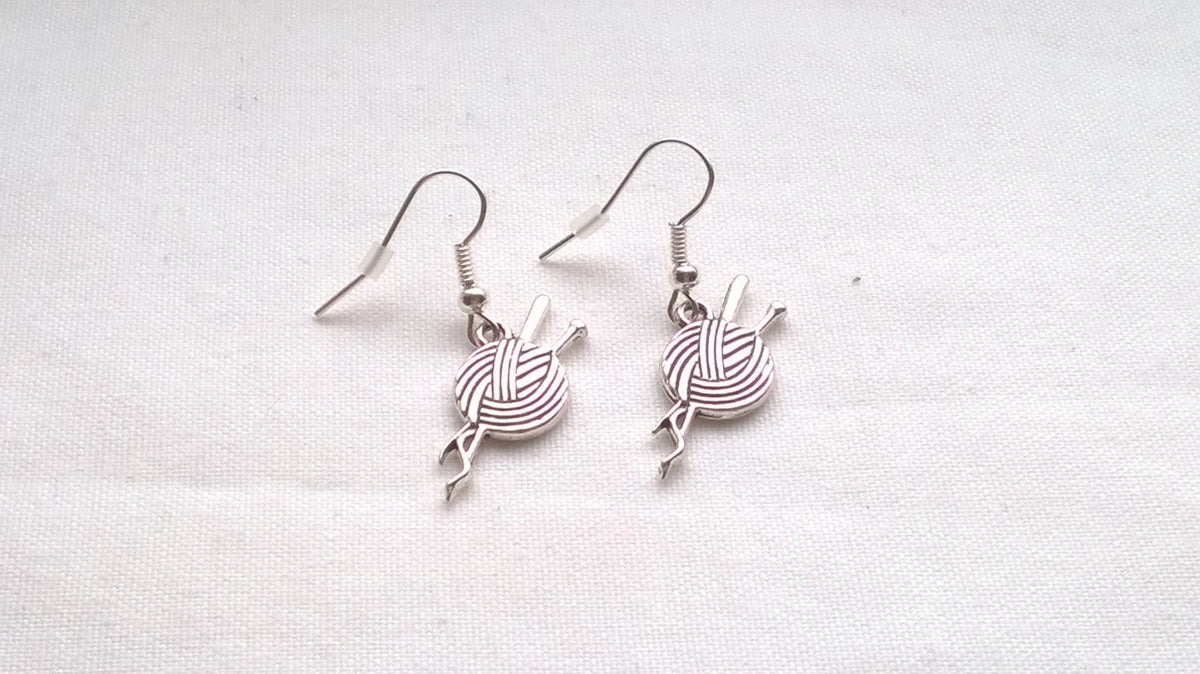 knitting earrings, ball of yarn earrings, sewing jewellery, wool ball jewellery, knitting queen jewelry, knitting present