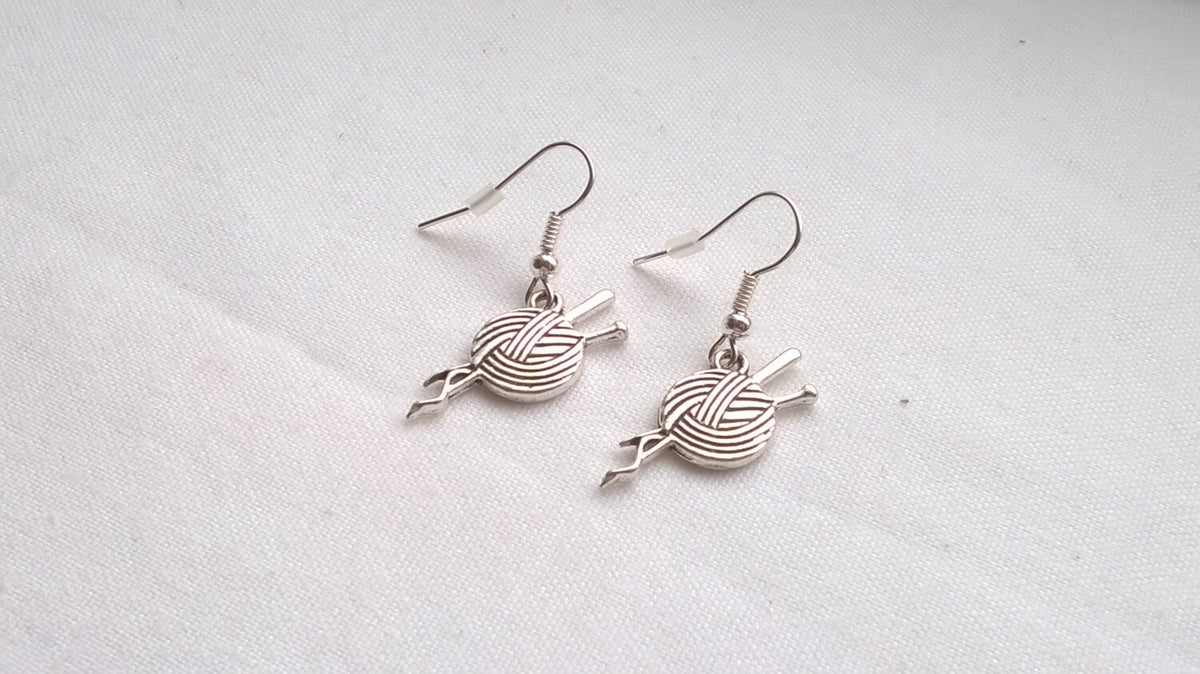 knitting earrings, ball of yarn earrings, sewing jewellery, wool ball jewellery, knitting queen jewelry, knitting present