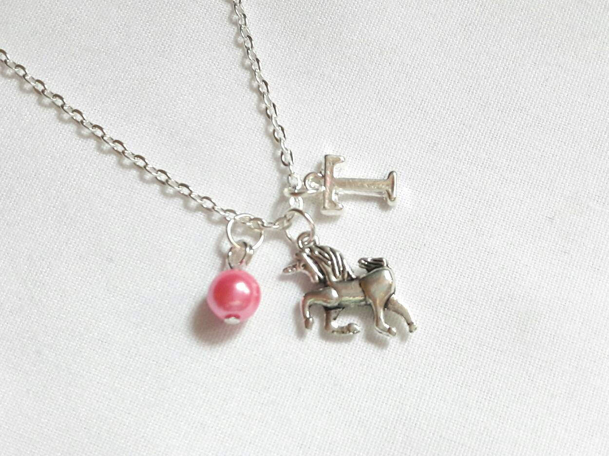 Personalised Unicorn necklace, mythical horse jewelry, initial jewellery, alphabet letter necklace, birthstone fairytale necklace