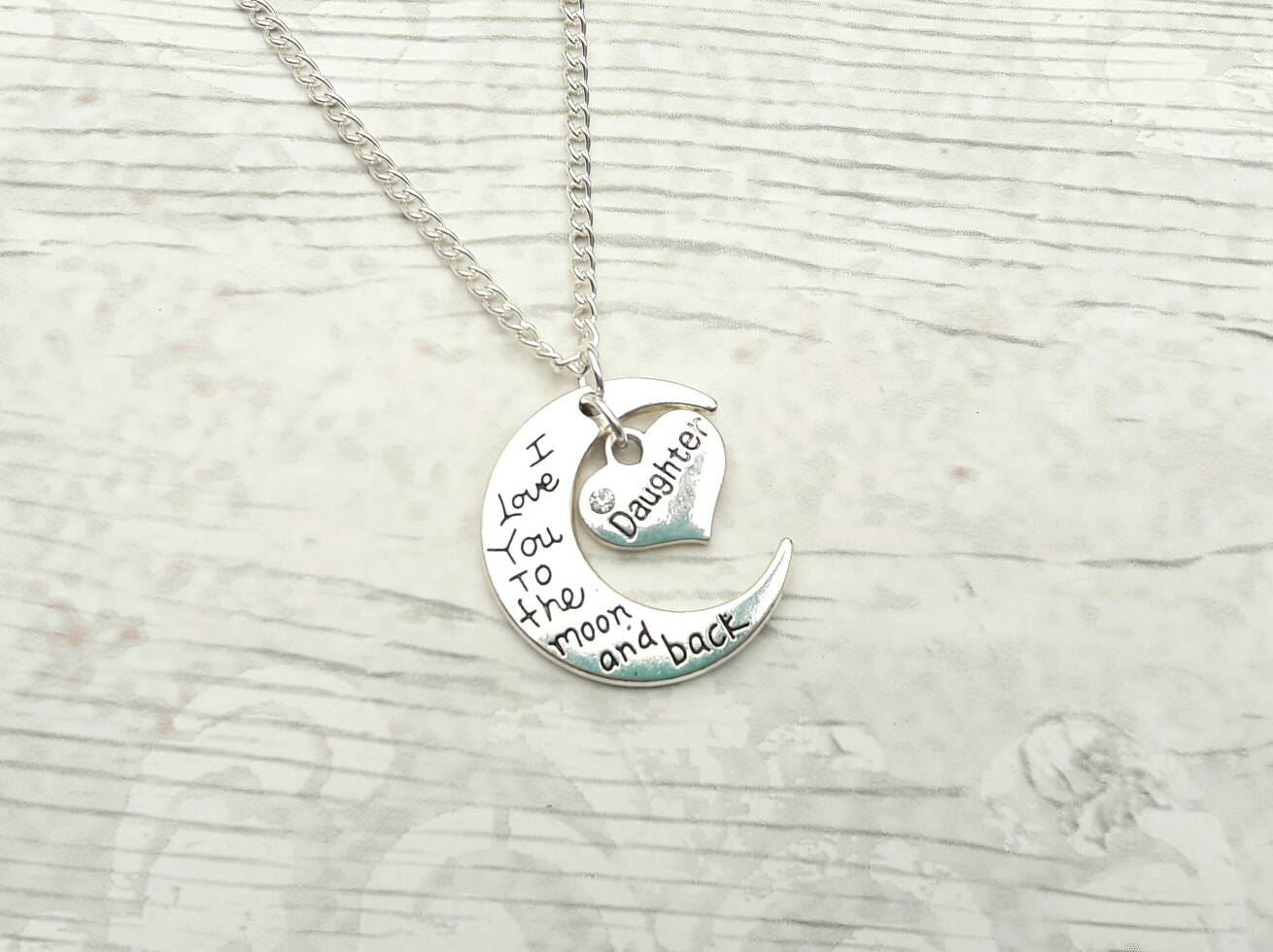 love you to the moon and back necklace, crescent moon jewellery, Luna children's necklace, night sky memorial jewelry