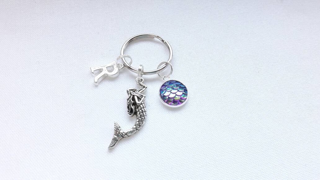 Mermaid keyring, mermaids scales keychain, personalised bag charm, lover of mermaids, initial keyring, gift for mothers day, name present