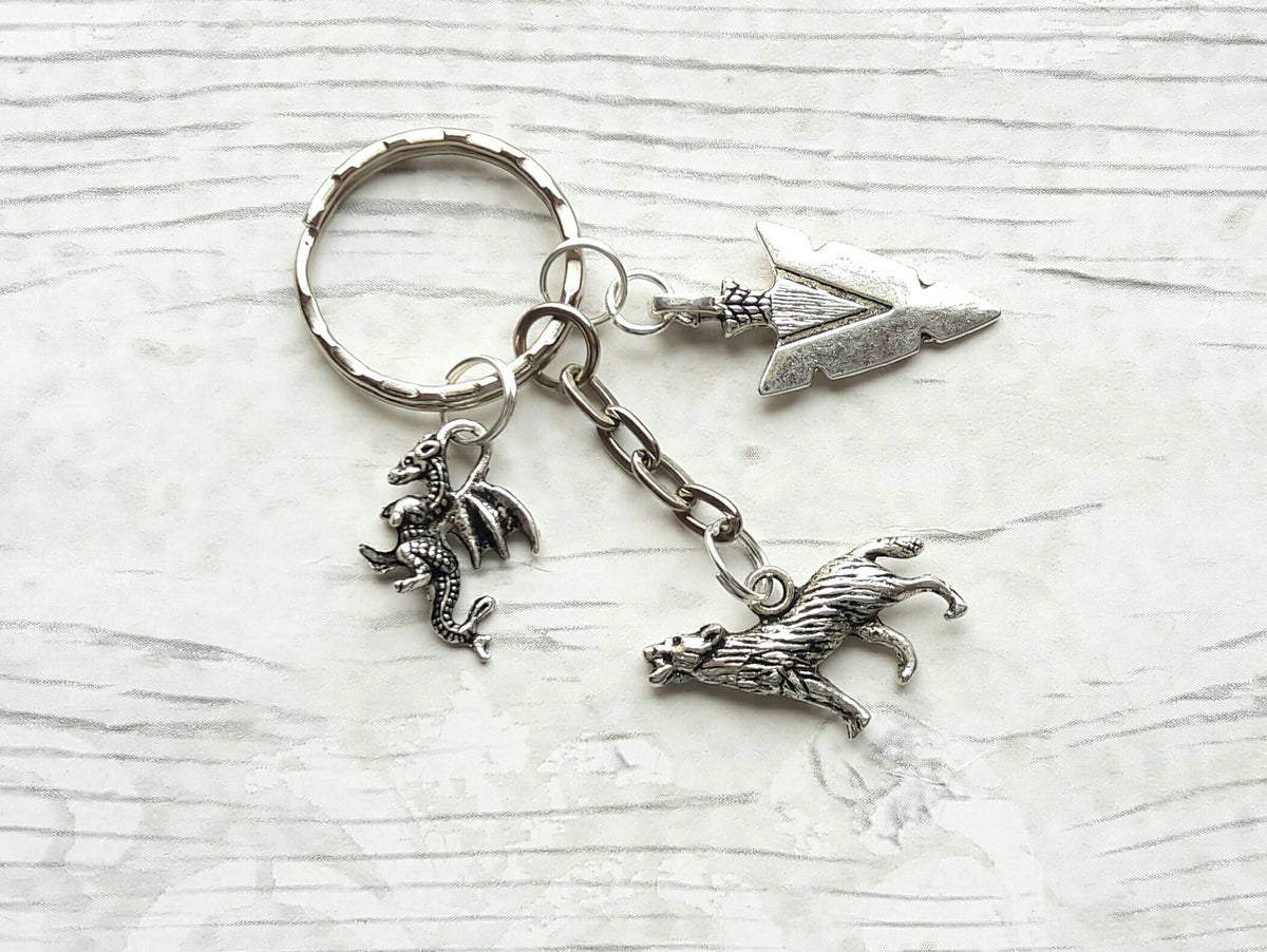 dragon and wolf keyring, arrowhead keychain, arrow keyring, wolf bagcharm, medieval keychain, viking bag charm, gifts for her, gifts for him