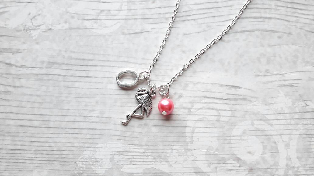 Flamingo necklace, personalised initial jewellery, tropical bird jewelry, summer accessory, animal lover present, gifts for girls