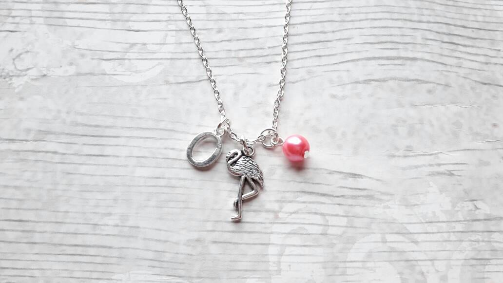 Flamingo necklace, personalised initial jewellery, tropical bird jewelry, summer accessory, animal lover present, gifts for girls